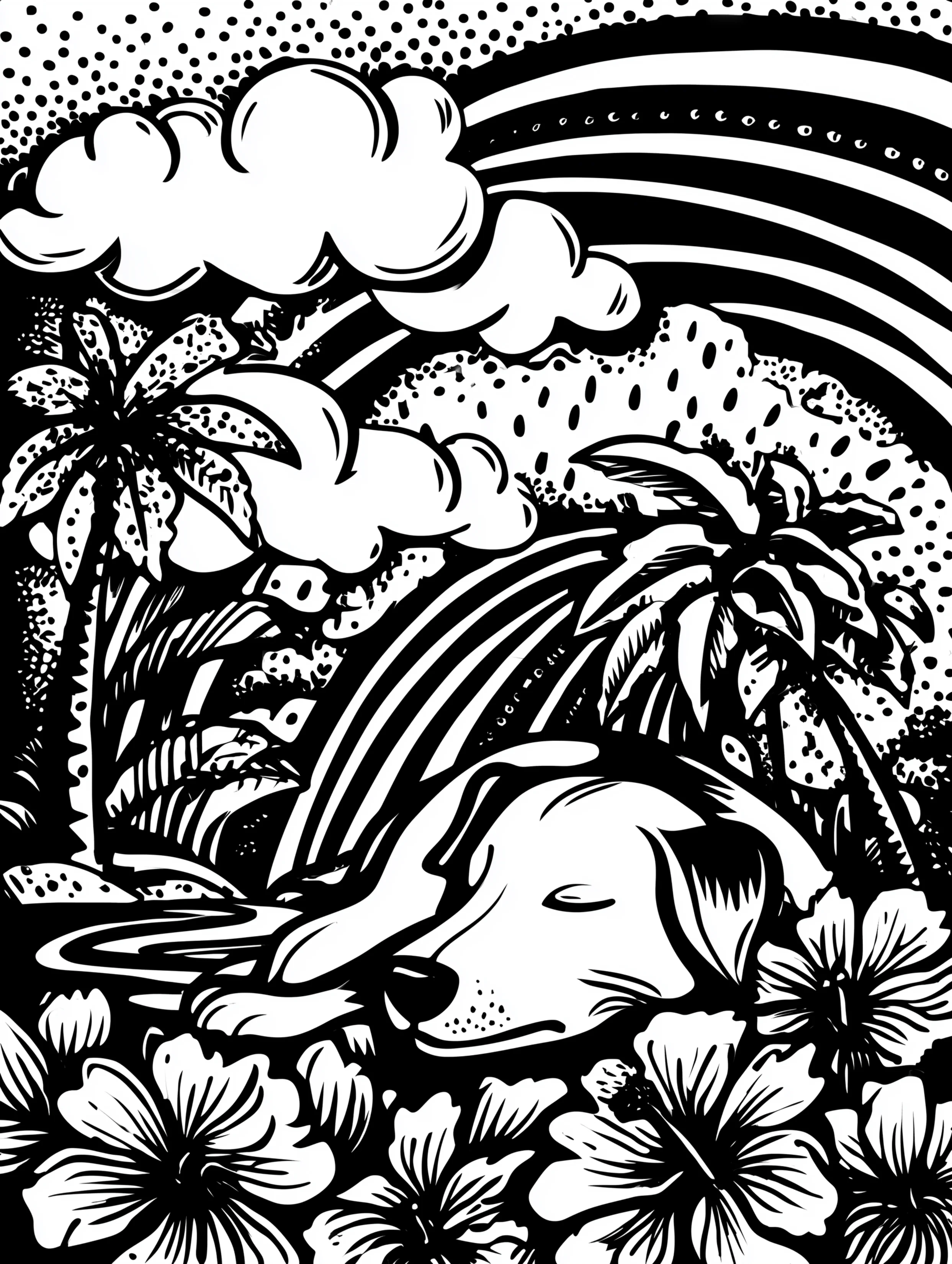 Free printable summer coloring page for adults featuring a sleepy dog resting on the beach with clouds